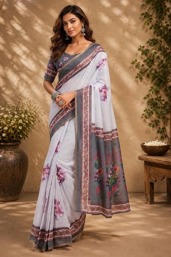 white grey chanderi cotton printed party wear festive 1 minute ready to wear saree with unstitched blouse piece