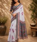 white grey chanderi cotton printed party wear festive 1 minute ready to wear saree with unstitched blouse piece