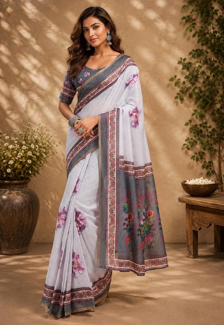 white grey chanderi cotton printed party wear festive 1 minute ready to wear saree with unstitched blouse piece