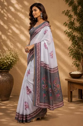 white grey chanderi cotton printed party wear festive 1 minute ready to wear saree with unstitched blouse piece