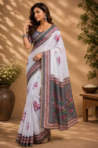 white grey chanderi cotton printed party wear festive 1 minute ready to wear saree with unstitched blouse piece