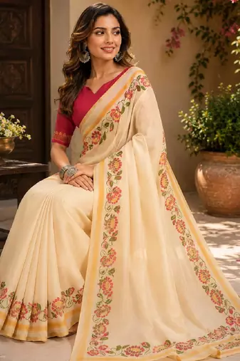 off white pink chanderi cotton printed  party wear festive 1 minute ready to wear saree with unstitched blouse piece