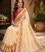 off white pink chanderi cotton printed  party wear festive 1 minute ready to wear saree with unstitched blouse piece