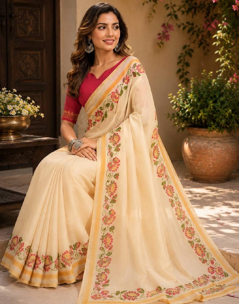 off white pink chanderi cotton printed  party wear festive 1 minute ready to wear saree with unstitched blouse piece
