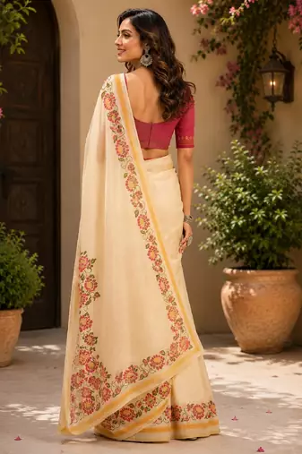 off white pink chanderi cotton printed party wear festive 1 minute pre draped saree piece