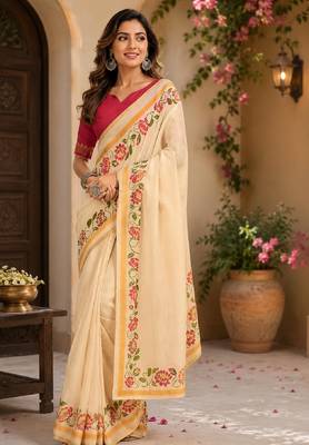 off white pink chanderi cotton printed party wear festive 1 minute pre draped saree piece 4