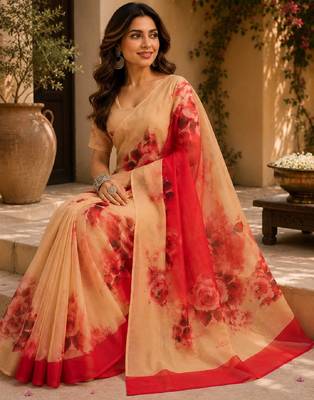 red cream chanderi cotton printed party wear festive 1 minute ready to wear saree with unstitched blouse piece 1