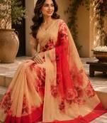 red cream chanderi cotton printed party wear festive 1 minute ready to wear saree with unstitched blouse piece