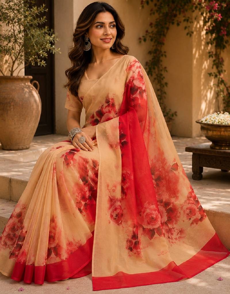 red cream chanderi cotton printed party wear festive 1 minute ready to wear saree with unstitched blouse piece