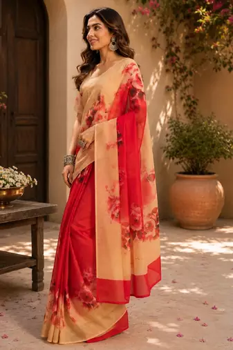 red cream chanderi cotton printed party wear festive 1 minute ready to wear saree with unstitched blouse piece