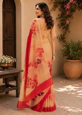 red cream chanderi cotton printed party wear festive 1 minute ready to wear saree with unstitched blouse piece 3