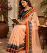 peach blue chanderi cotton printed  party wear festive 1 minute ready to wear saree with unstitched blouse piece