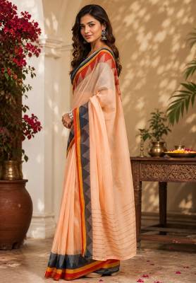 peach blue chanderi cotton printed party wear festive 1 minute ready to wear saree with unstitched blouse piece 2
