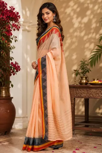 peach blue chanderi cotton printed  party wear festive 1 minute ready to wear saree with unstitched blouse piece