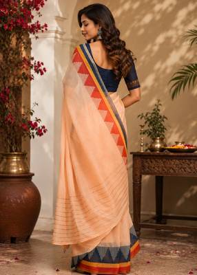 peach blue chanderi cotton printed party wear festive 1 minute ready to wear saree with unstitched blouse piece 3