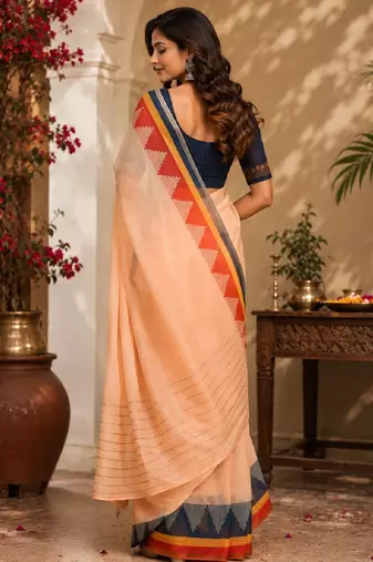 peach blue chanderi cotton printed  party wear festive 1 minute ready to wear saree with unstitched blouse piece