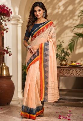 peach blue chanderi cotton printed party wear festive 1 minute ready to wear saree with unstitched blouse piece 4
