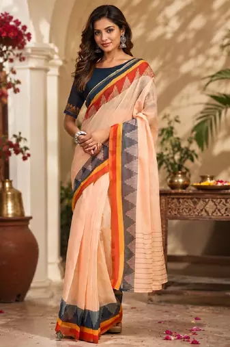 peach blue chanderi cotton printed  party wear festive 1 minute ready to wear saree with unstitched blouse piece
