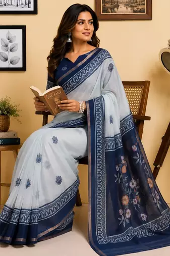 white blue chanderi cotton printed  party wear festive 1 minute ready to wear saree with unstitched blouse piece