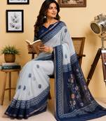 white blue chanderi cotton printed  party wear festive 1 minute ready to wear saree with unstitched blouse piece