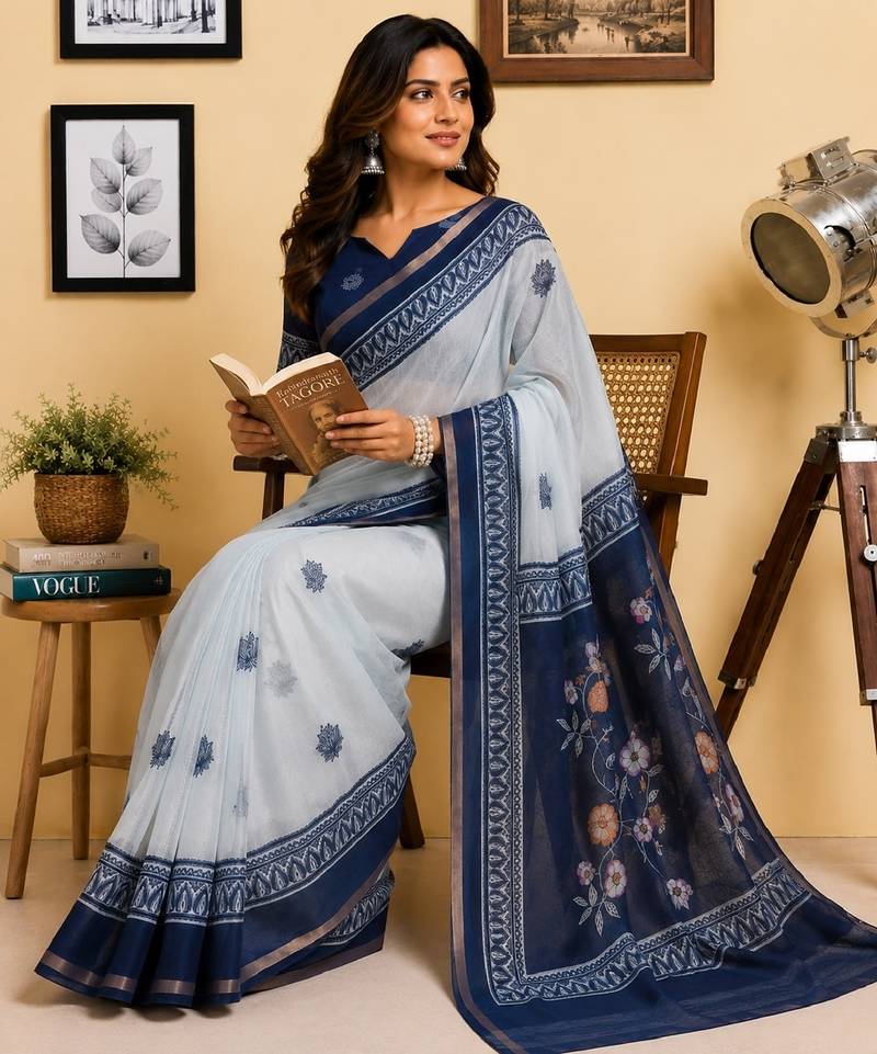 white blue chanderi cotton printed  party wear festive 1 minute ready to wear saree with unstitched blouse piece