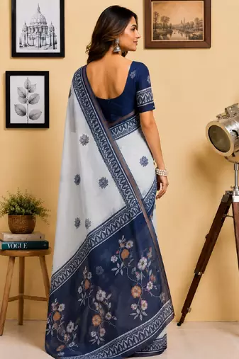 white blue chanderi cotton printed  party wear festive 1 minute ready to wear saree with unstitched blouse piece