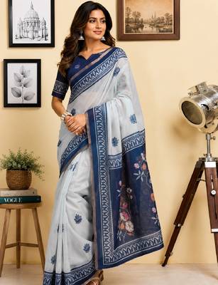 white blue chanderi cotton printed party wear festive 1 minute ready to wear saree with unstitched blouse piece 4