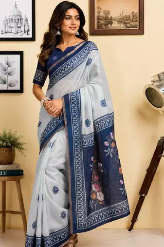 white blue chanderi cotton printed  party wear festive 1 minute ready to wear saree with unstitched blouse piece