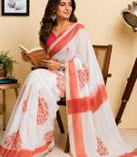 white pink chanderi cotton printed  party wear festive 1 minute ready to wear saree with unstitched blouse piece