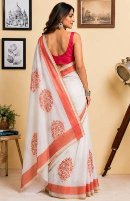 white pink chanderi cotton printed party wear festive 1 minute ready to wear saree with unstitched blouse piece 3