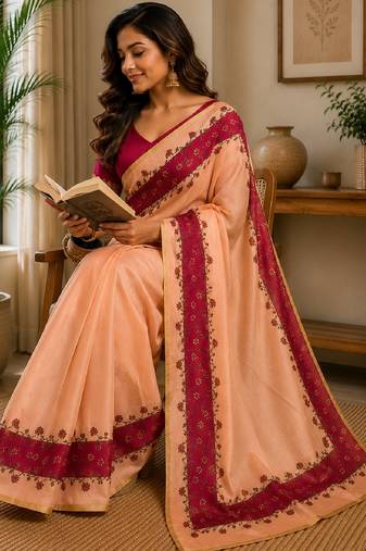 pich rani pink chanderi cotton printed  party wear festive 1 minute ready to wear saree with unstitched blouse piece