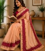 pich rani pink chanderi cotton printed  party wear festive 1 minute ready to wear saree with unstitched blouse piece