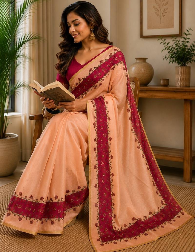 pich rani pink chanderi cotton printed  party wear festive 1 minute ready to wear saree with unstitched blouse piece