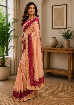 pich rani pink chanderi cotton printed party wear festive 1 minute ready to wear saree with unstitched blouse piece 2