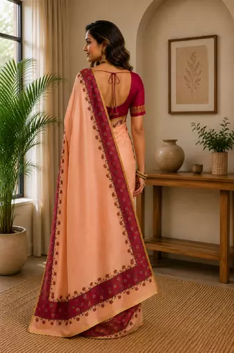 pich rani pink chanderi cotton printed  party wear festive 1 minute ready to wear saree with unstitched blouse piece