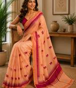 peach pink chanderi cotton printed   party wear festive 1 minute ready to wear saree with unstitched blouse piece