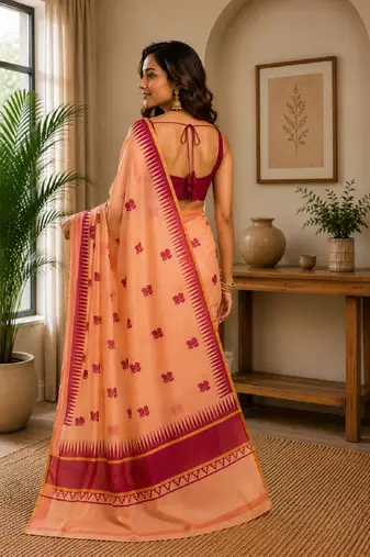 peach pink chanderi cotton printed party wear festive 1 minute ready to wear saree piece