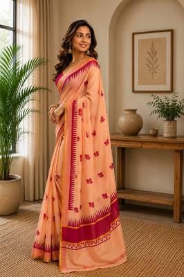 peach pink chanderi cotton printed party wear festive 1 minute ready to wear saree piece 3