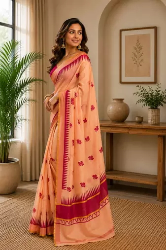 peach pink chanderi cotton printed party wear festive 1 minute ready to wear saree piece