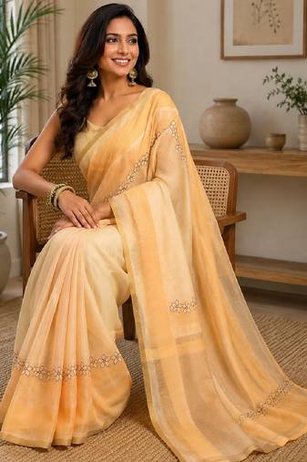beige chanderi cotton printed work party wear  festive 1 minute ready to wear saree with unstitched blouse piece