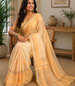 beige chanderi cotton printed work party wear  festive 1 minute ready to wear saree with unstitched blouse piece
