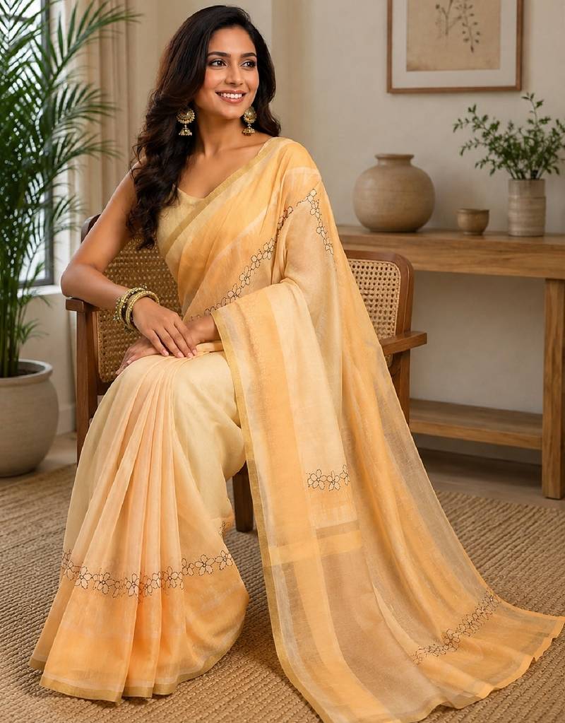beige chanderi cotton printed work party wear  festive 1 minute ready to wear saree with unstitched blouse piece