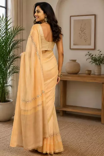 beige chanderi cotton printed work party wear  festive 1 minute ready to wear saree with unstitched blouse piece