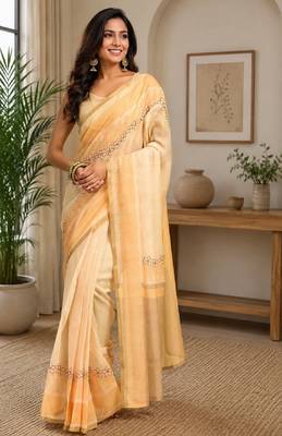 beige chanderi cotton printed work party wear festive 1 minute ready to wear saree with unstitched blouse piece 4
