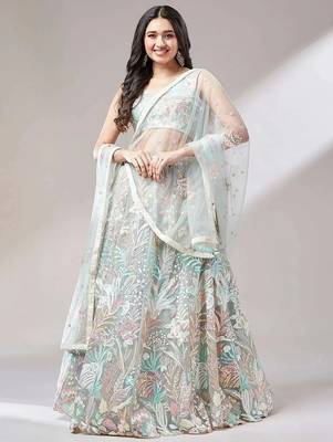 light green net embroidered lehenga choli with dupatta 1