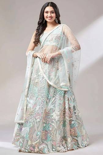 light green net embroidered lehenga choli with dupatta