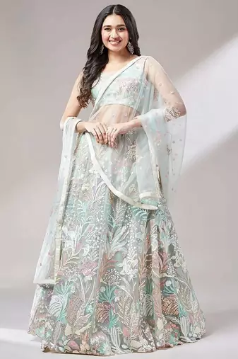 light green net embroidered lehenga choli with dupatta