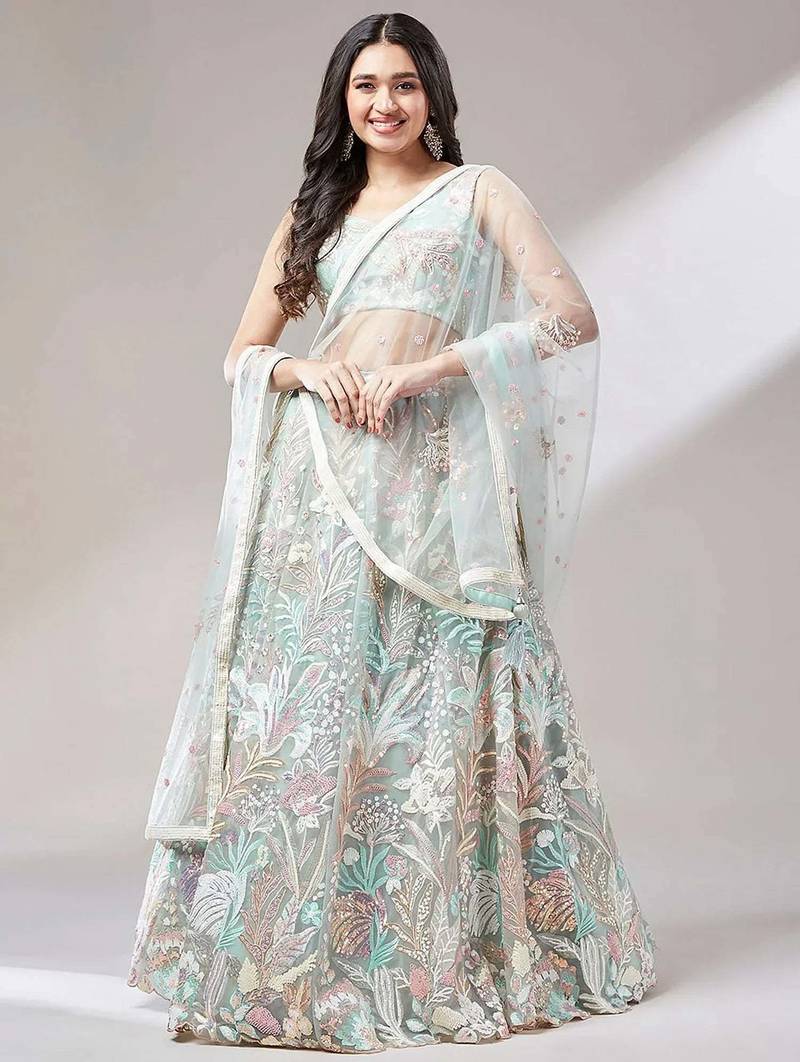 light green net embroidered lehenga choli with dupatta