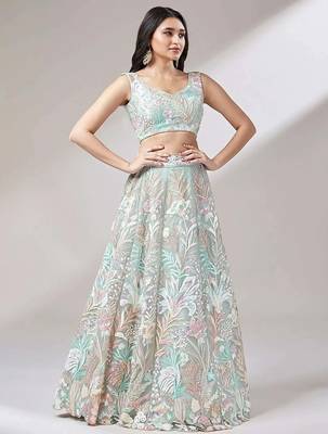 light green net embroidered lehenga choli with dupatta 2