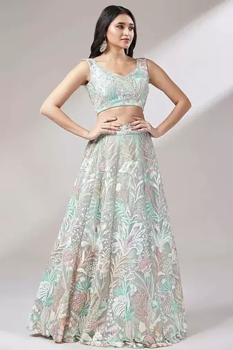 light green net embroidered lehenga choli with dupatta